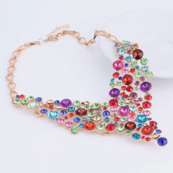 18K gold plated multi color rainbow crystal Necklace earrings set - Picture 4 of 15